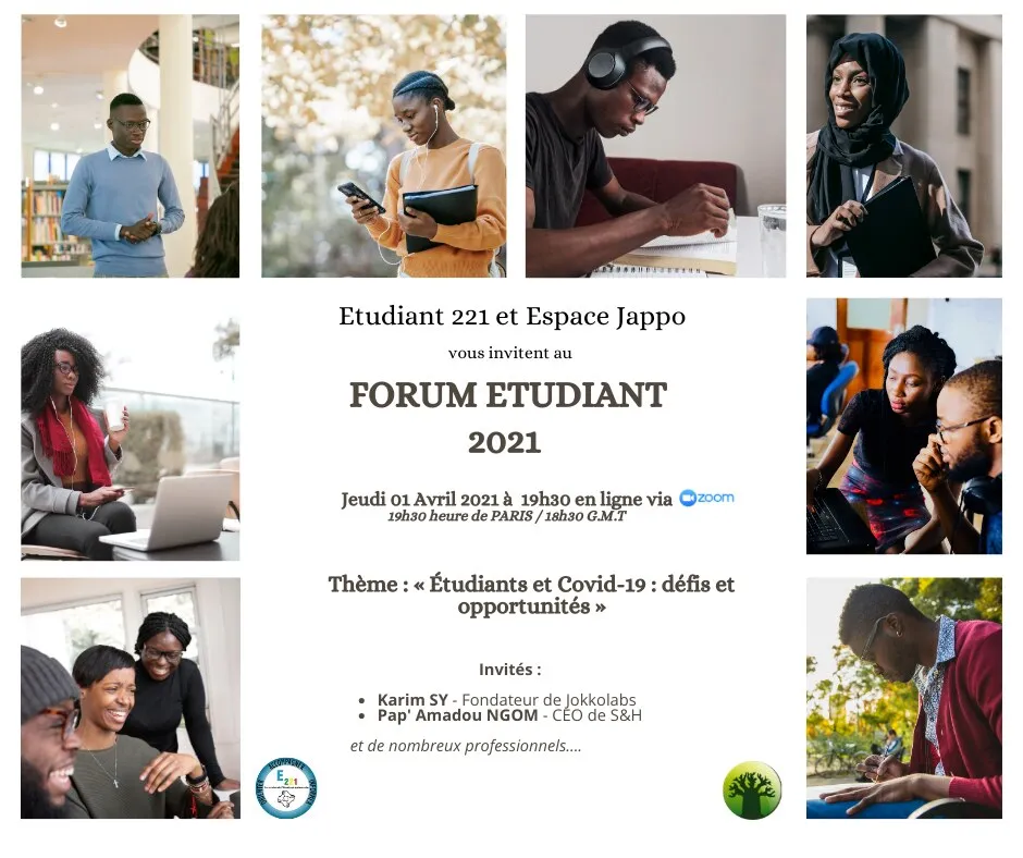 Affiche du Forum étudiant en ligne du jeudi 1er avril 2021, « Étudiants et Covid-19 : défis et opportunités », organisé par Etudiant 221 et Espace Jappo